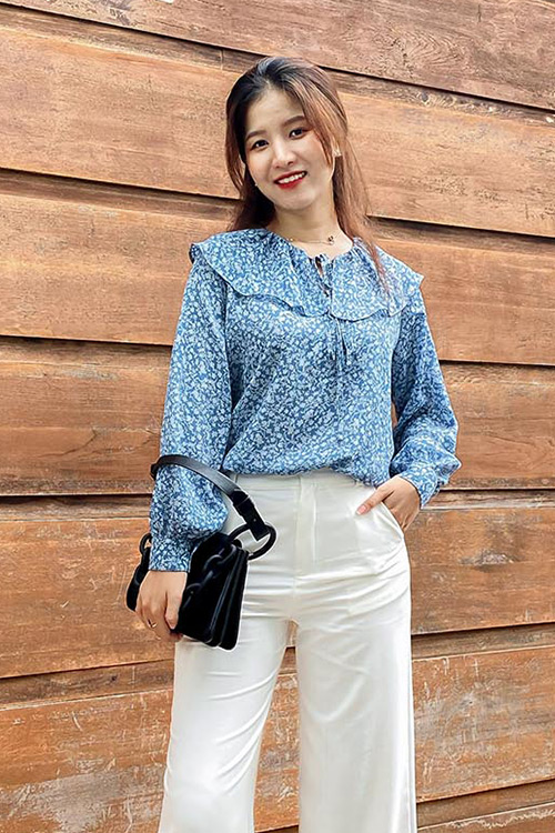 Áo kiểu nữ họa tiết hoa cổ sen phối nơ