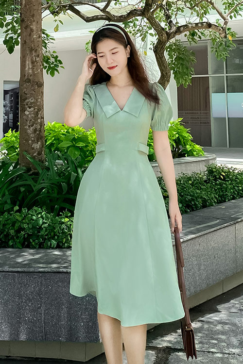 Đầm công sở nữ dáng xòe chữ a cổ sen