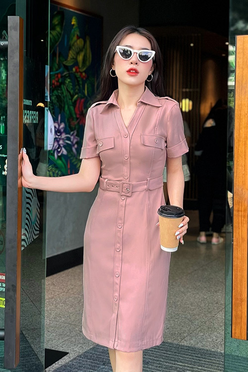 Đầm sơ mi công sở kèm thắt lưng vải