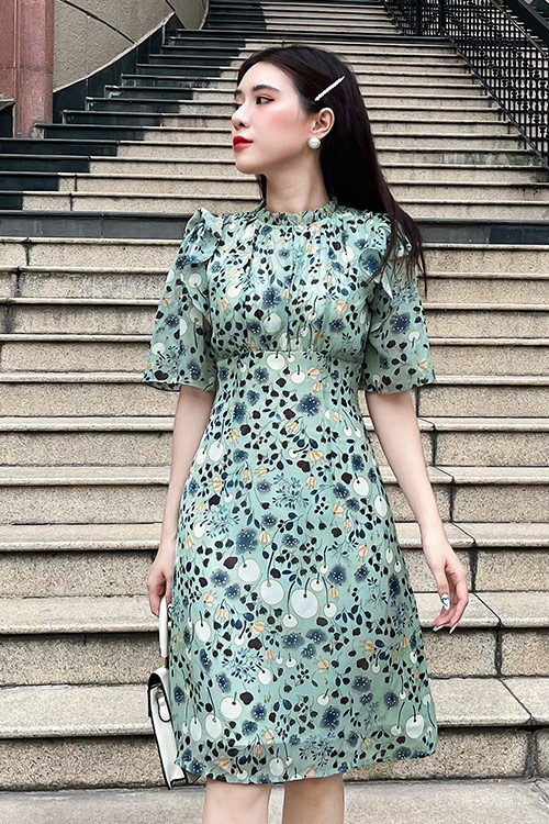 Đầm hoa dáng chữ A công sở phối bèo